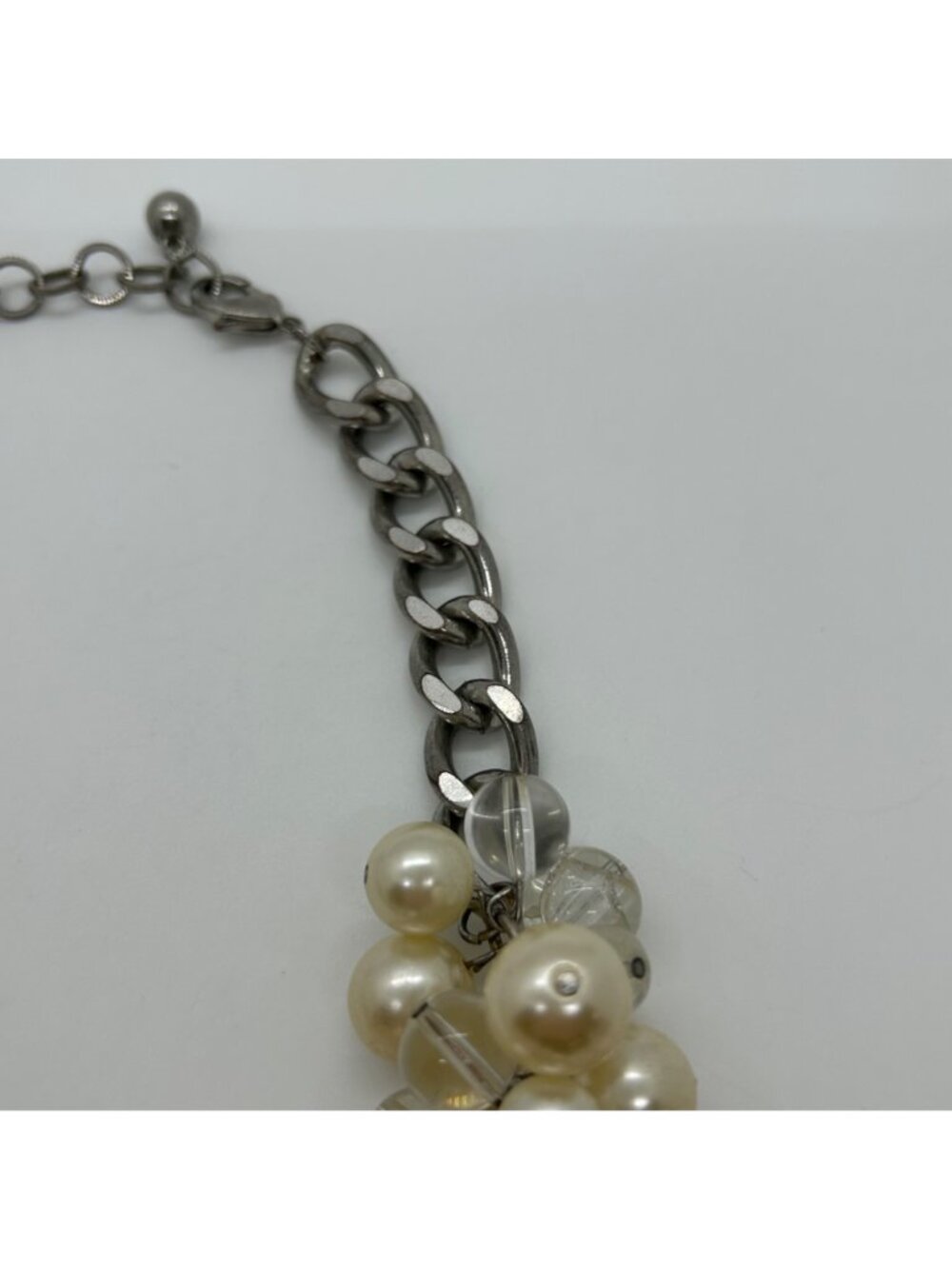Faux Pearl & Clear Crystal Necklace Chunky Statement Bib Silver-Tone Adjustable - Picture 9 of 15